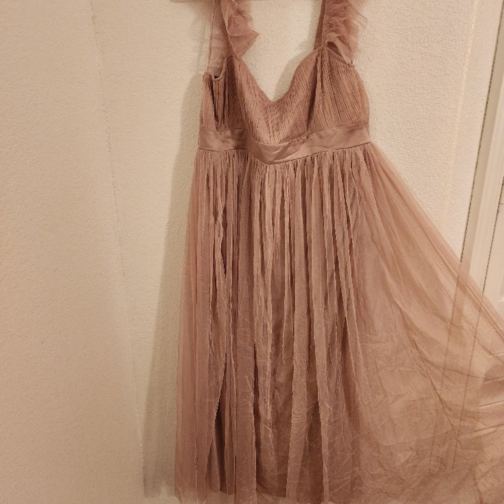 Anaya With Love Bridesmaid tulle ruffle sleeve midaxi dress in neutral.